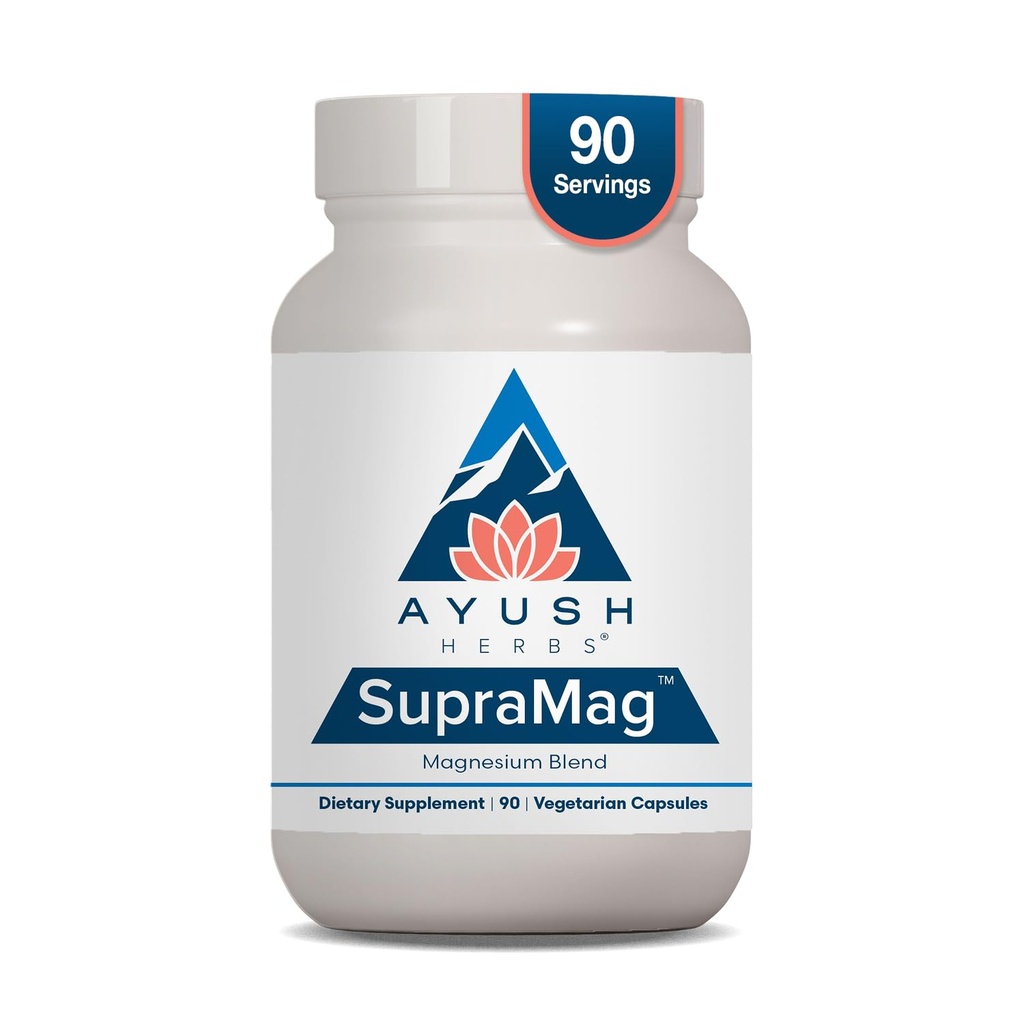 Ayush Herbs SupraMag - Magnesium Blend, 400mg Magnesium Complex Supplement mit Chelat Magnesium Bisglycinat, Citrat, Ororat für Schlaf, Energie, & Gehirn Gesundheit - 90 Vegetarische Kapseln (1 Zähler)