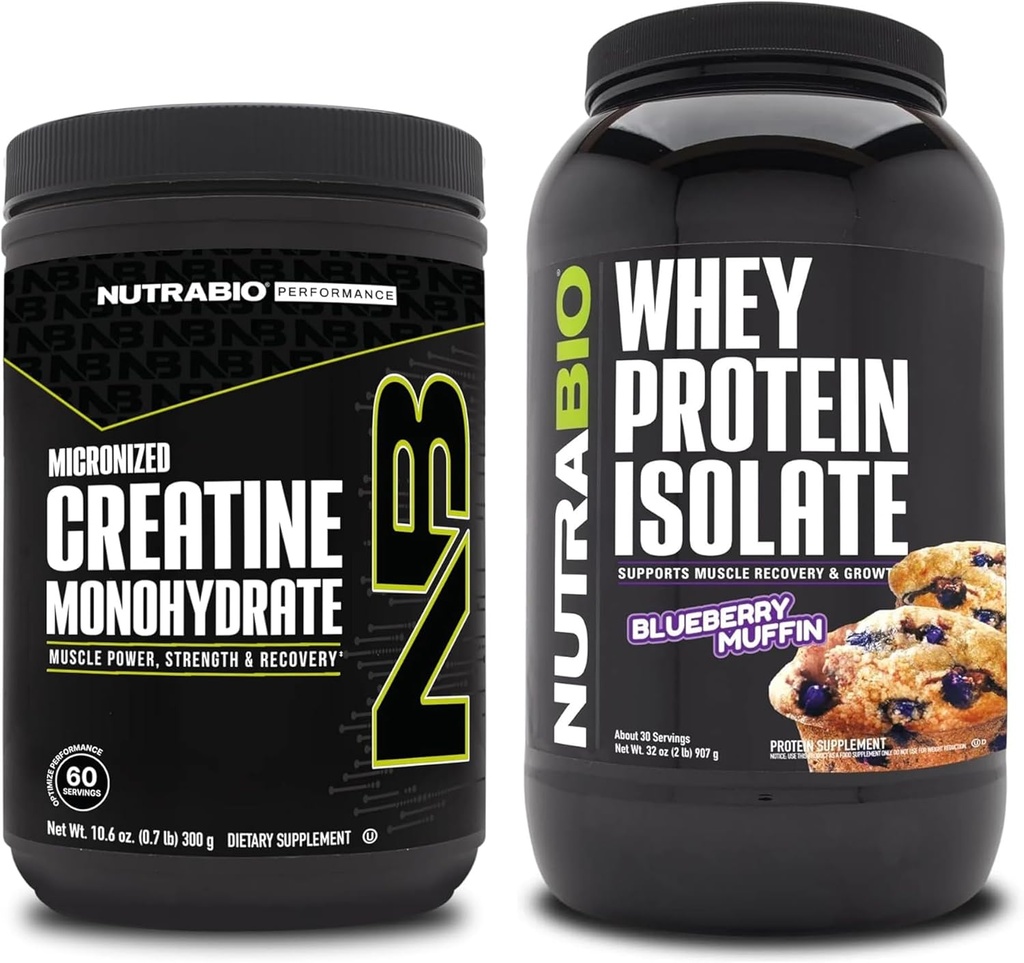 NutraBio Creatine Monohydrate, Unflavored, 300g and Whey Protein Isolate, Blueberry Muffin, Supplement Bundle - Muscle Energy, Lean Muscle Growth, Recovery, and Strength