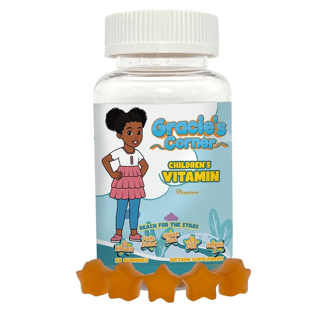 Gracie’s Corner Stars Kids Multivitamin Gummies con Omega 3 - Vitamine per bambini A, B, C, D - Multivitaminici per bambini a stella, Basato su piante, Vitamine per bambini senza glutine, 60 Conte