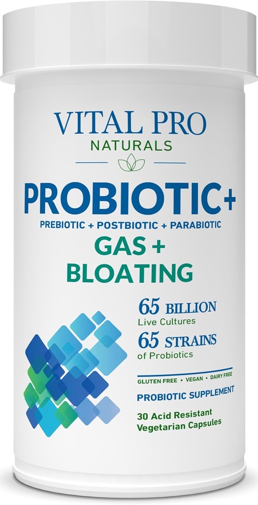 Vital Pro Naturals - Gas & Bloating Probiotics + Präbiotika, Postbiotika, Parabiotika, 4-in-1-Gesundheitsergänzung für Erwachsene, Hohe Potenz, 65 Strains, Einmal täglich Verdauungs- und Immununterstützung, 30 ct