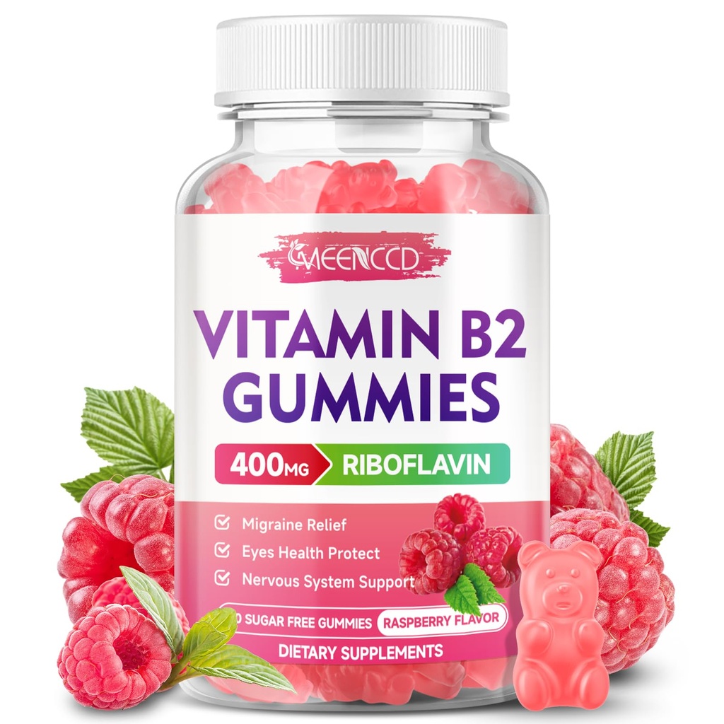 Vitamine B2 Gummies Riboflavine 400mg Supplément au magnésium pour les enfants et les adultes, B2 Gummies pour le soulagement de la migraine et le système nerveux support, végétalien, sans sucre, framboise parfum, 60 comte