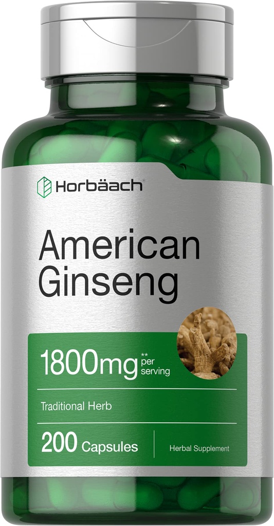 Horbäach Capsules de ginseng américain , 1800 mg 200 Count , Supplément sans gluten , Complexe d'extrait de racine de ginseng