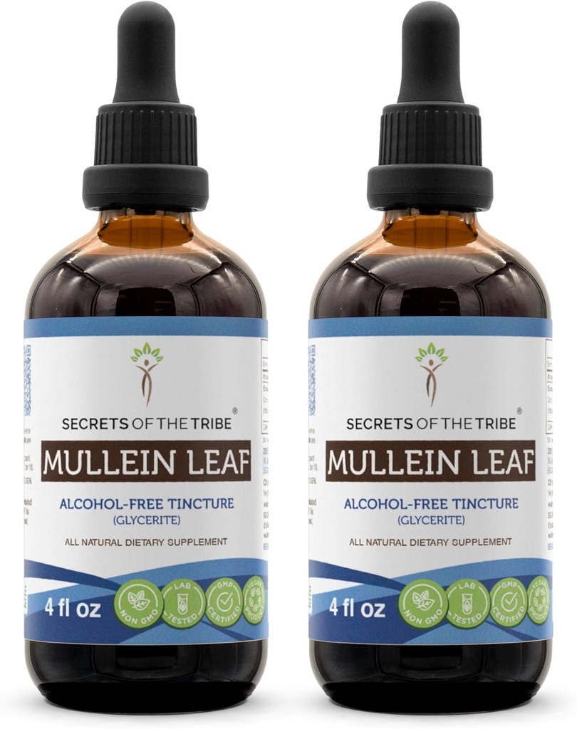 Secrets of the Tribe Mullein Leaf Alcohol-Free Liquid Extract, Mullein (Verbascum thapsus) Tinkture Supplement (2x4 FL OZ)