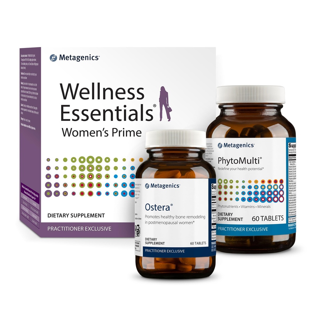 Metagenics Ostera - 60 compresse, PhytoMulti senza ferro - 60 compresse e Wellness Essentials Women's Prime - 30 conte