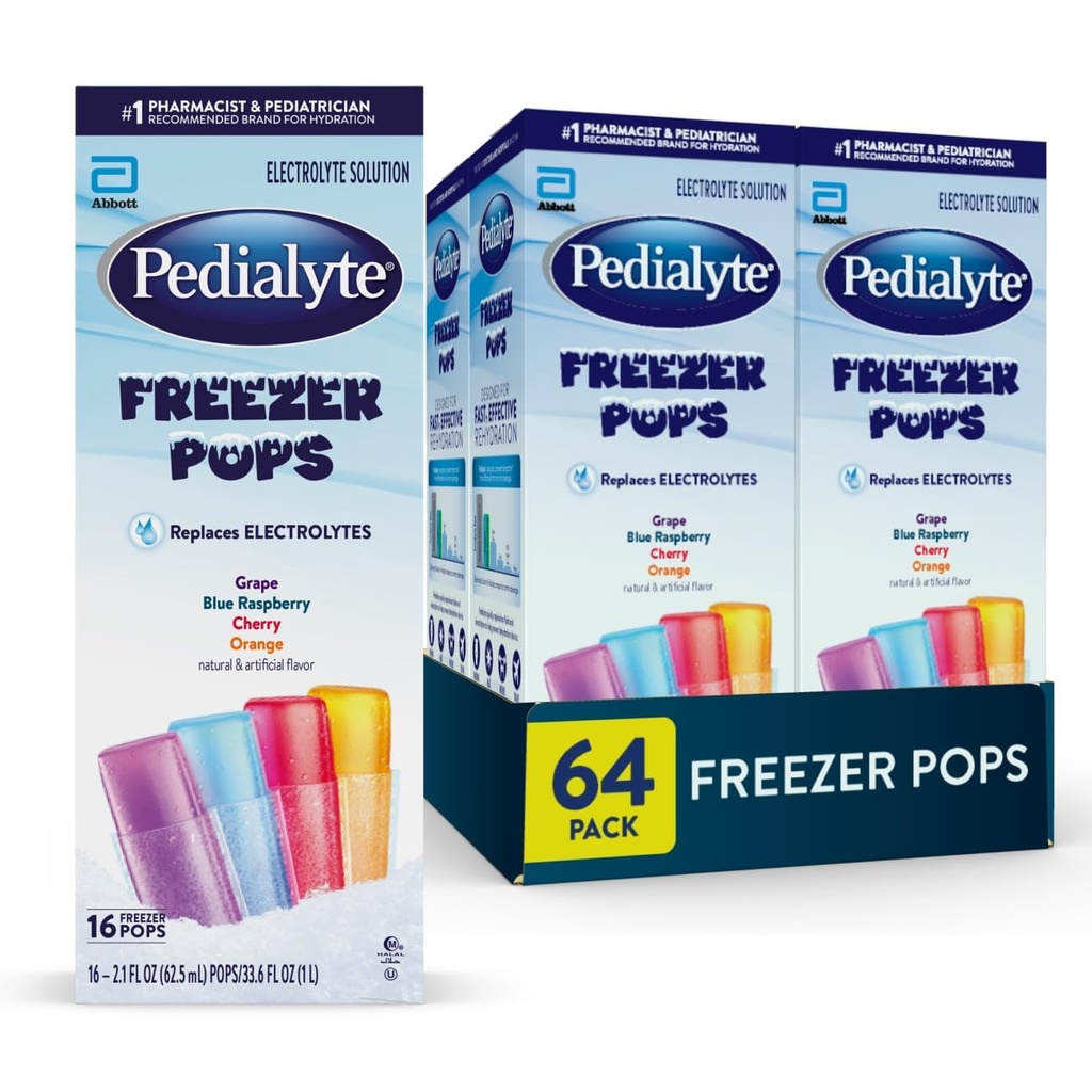 Pedialyte Elektrolytlösung Gefrierschrank Pops, Hydration Variety Pack – Trauben, Blau Himbeer, Kirsche, Orange, Packung mit 64