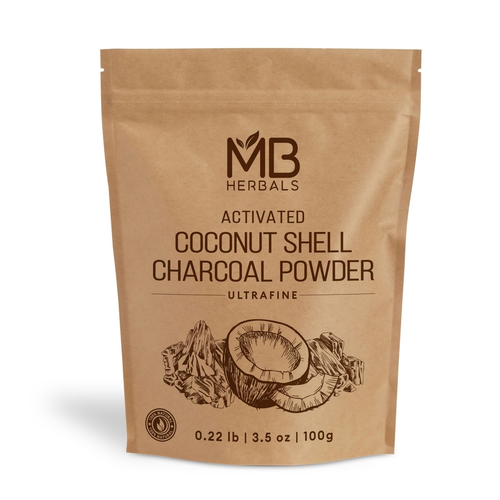 MB Kräuter Aktiviertes Charcoal-Pulver aus Kokosnuss-Shell 3.5 oz (100 Gram) Für externe Verwendung Nur | Für ToothPowder Face Packs und Masken | Seifenherstellung | Nicht injest