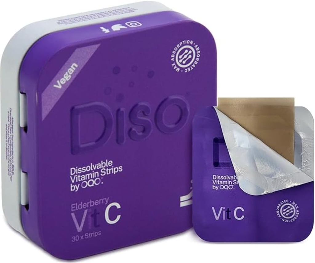 DISO - Vitamina C - Strisce Orali Fast-Dissolving, Sapore di sambuco, Migliora l'immunità, Vegan, Zucchero Zero, Assorbimento Massimo, Senza Glutine, Avvolto Individualmente, 30 strisce dissolvibili
