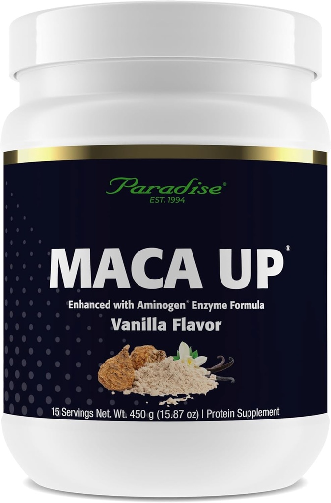 Paradise Herbs Maca Up Vanilla Vegan Protein Powder, Organic Pea & Brown Rice, Maca Root, Aminogen Digestive Enzym Blend, Nutrim Oat Bran Fiber, 15 Portionen, 450 g
