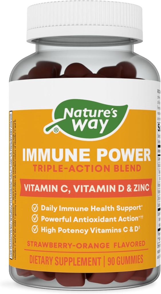 Nature's Way Immune Power, Triple Action Immune Support Blend*, Vitamines C et D, Zinc, Fraise-Orange Aromatisée, 90 Gummies