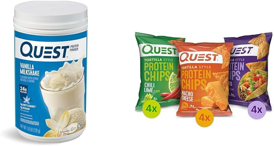 Quest Protein Powder & Chips Bundle - Vanille Milkshake Powder (24g Protein, 1.6lb) + Tortilla Chips Variety Pack (12ct)