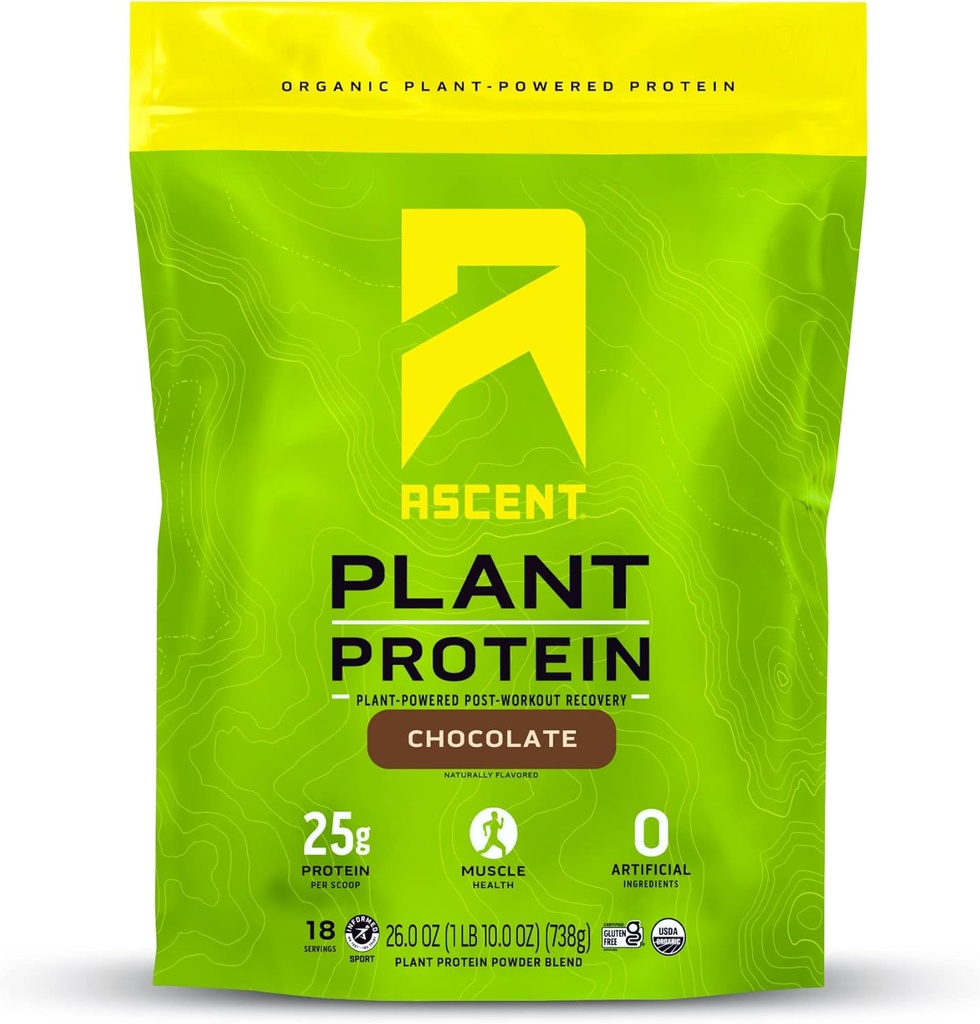Poudre de protéines à base de plantes ascendantes - Protéines végétales non laitières, Zéro ingrédients artificiels, sans soja et sans gluten, sans sucre ajouté, 4g BCAA, 2g Leucine - Chocolat, 18 portions