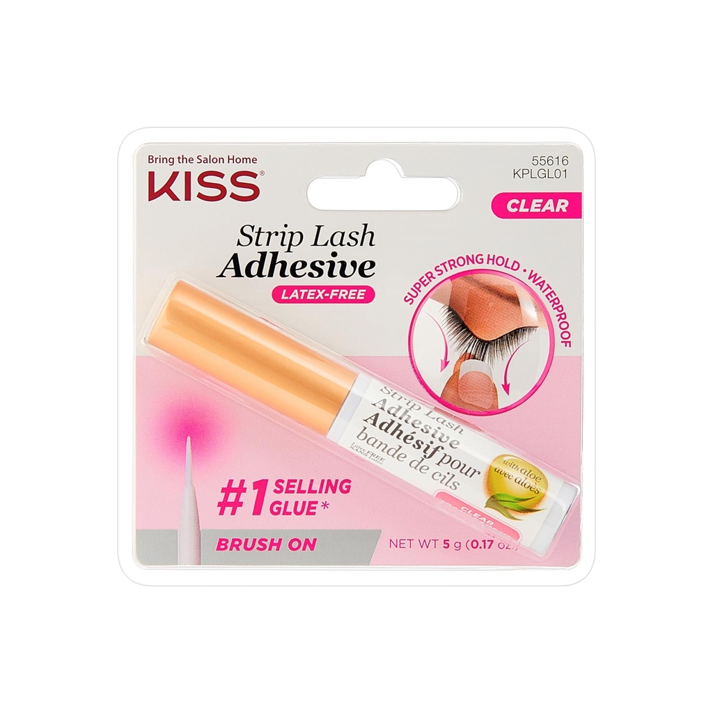 Adesivo per ciglia a strisce trasparente KISS con Aloe, Impermeabile, Formaldeide e Latex Free, Odor Free, Cruelty Free, Super Strong Ten Eyelash Glue con applicatore pennello, 0.17 Oz.