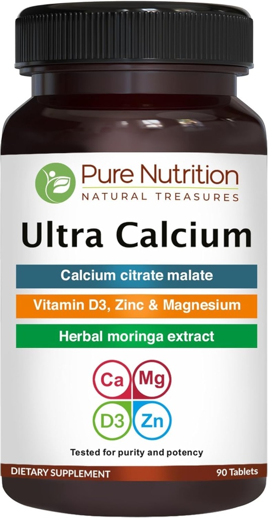 Pure Nutrition Ultra Calcium 1000mg mit VIT D3 + K | 90 Tab | Calcium Supplement mit Calcium Citrat Malat, VIT D3, K, Moringa Oleifera, Magnesium und Zink.