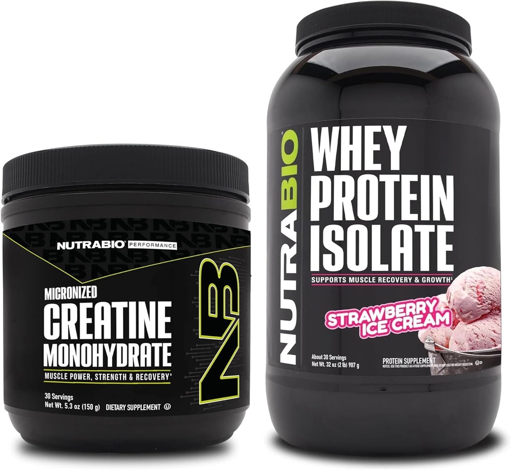 NutraBio Créatine monohydratée, non aromatisée, Isolée de protéines de 150g et de lactosérum, Crème glacée à la fraise, Ensemble supplémentaire - Énergie musculaire, croissance musculaire maigre, récupération et force
