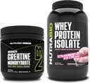 NutraBio Creatine Monohydrate, Unflavored, 150g and Whey Protein Isolate, Strawberry Ice Cream, Supplement Bundle - Muscle Energy, Lean Muscle Growth, Recovery, and Strength