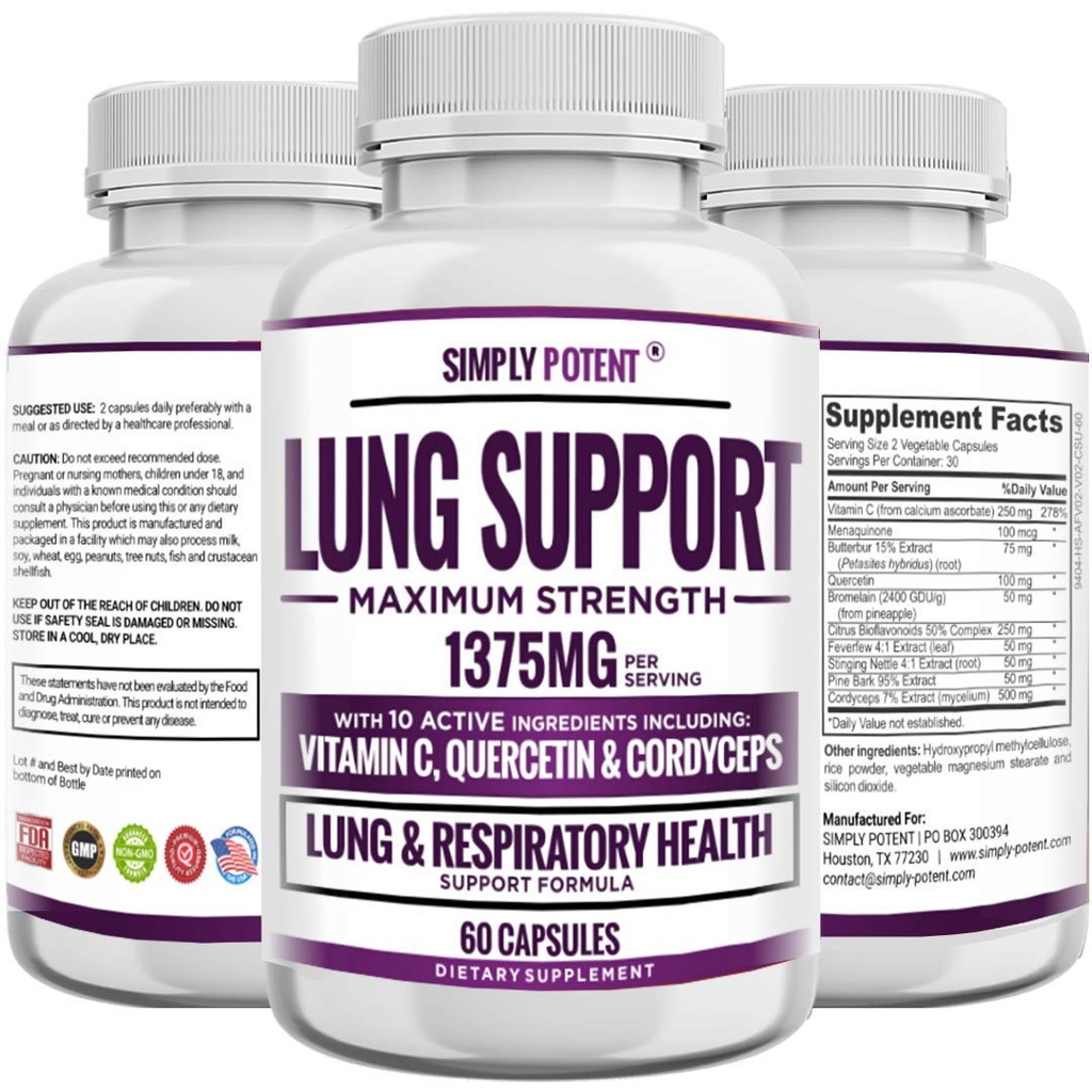 Integratore di supporto polmonare per la pulizia polmonare e disintossicazione, formula completa - Quercetina con vitamina C K2 e 500 mg Cordyceps per la salute polmonare, supporto respiratorio e bronchiale, 60 capsule