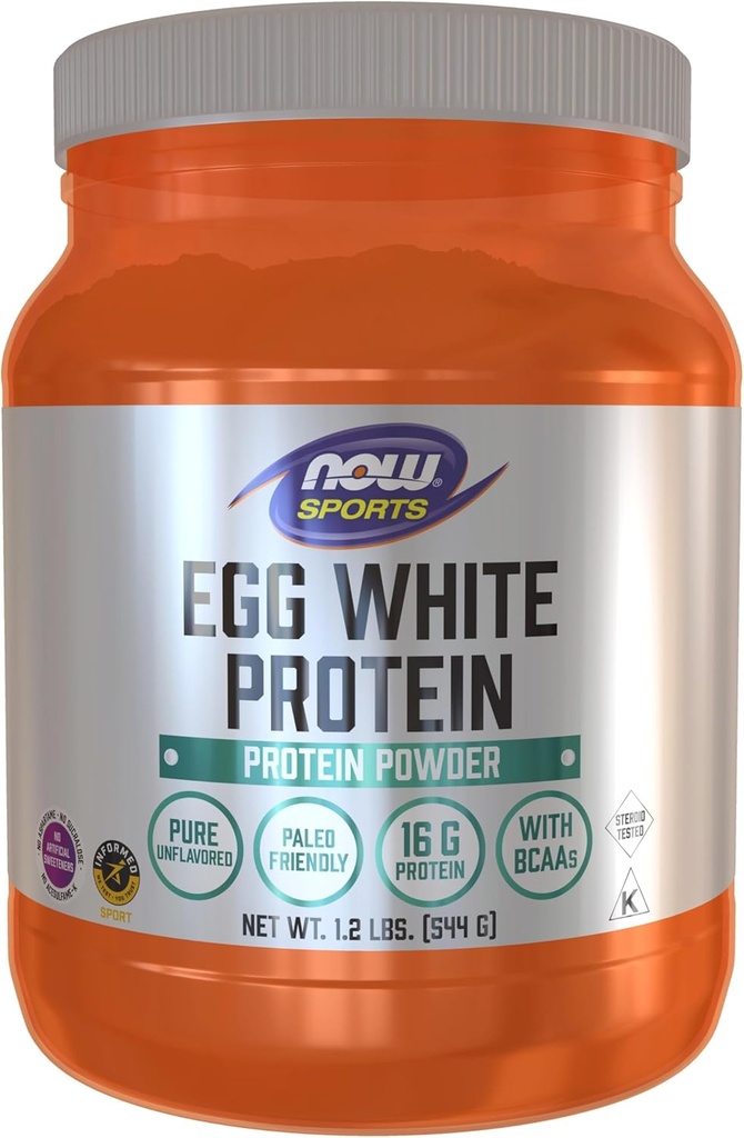 NOW Nutrizione sportiva, Proteine bianche dell'uovo, 16 g con BCAA, Polvere non aromatizzata, 1,2-Pound