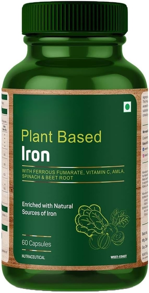 Fer à base de plantes avec fumarate de fer, vitamine C, épinards et racines de betterave enrichies de sources naturelles de fer – 60 capsules