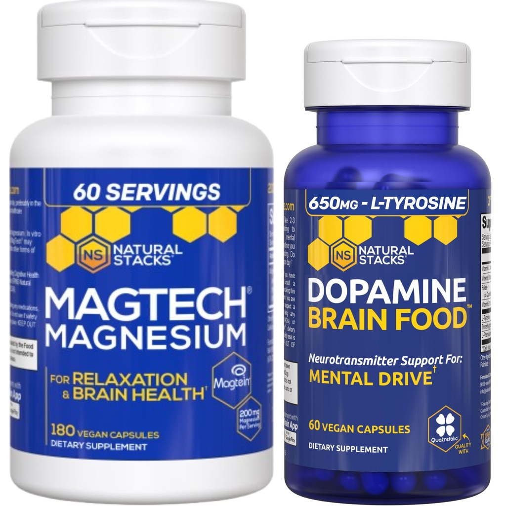 NATURAL STACKS Dopamine Brain Food + Magtech Magnesium Supplement Bundle - Unterstützt Fokus, Entspannung & Gedächtnis* - 240 Gesamtkapseln