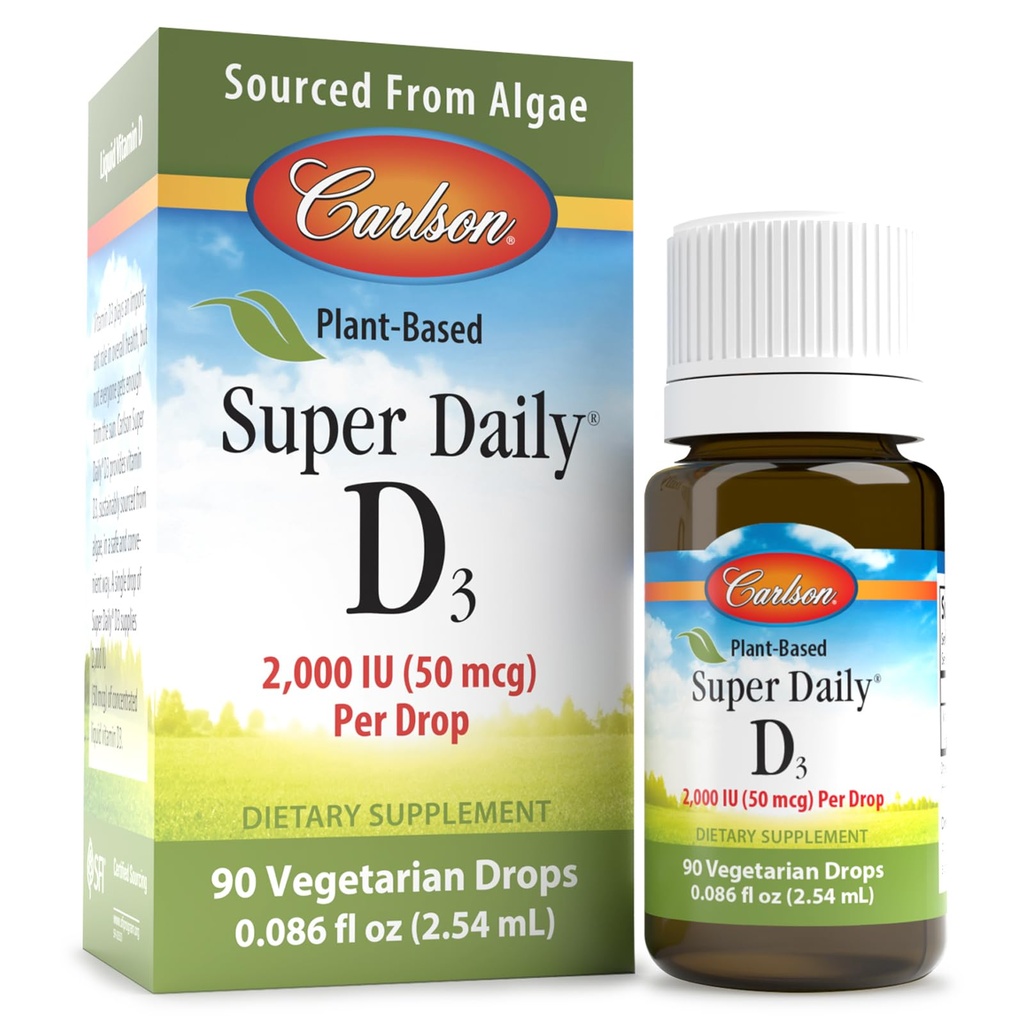 Carlson - Super Daily D3 2000 UI (50 μg) par goutte, Vitamine D végétale, Vitamine D liquide D3, provenant d'algues, non aromatisées, 90 gouttes (2,54 mL)