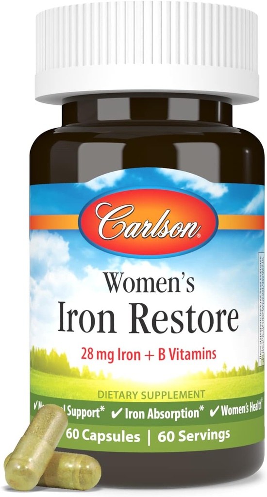 Carlson - Women's Iron Restore, 28 mg Eisen + B Vitamine, Menstrual Support, Iron Absorption & Frauen Gesundheit, 60 Kapseln