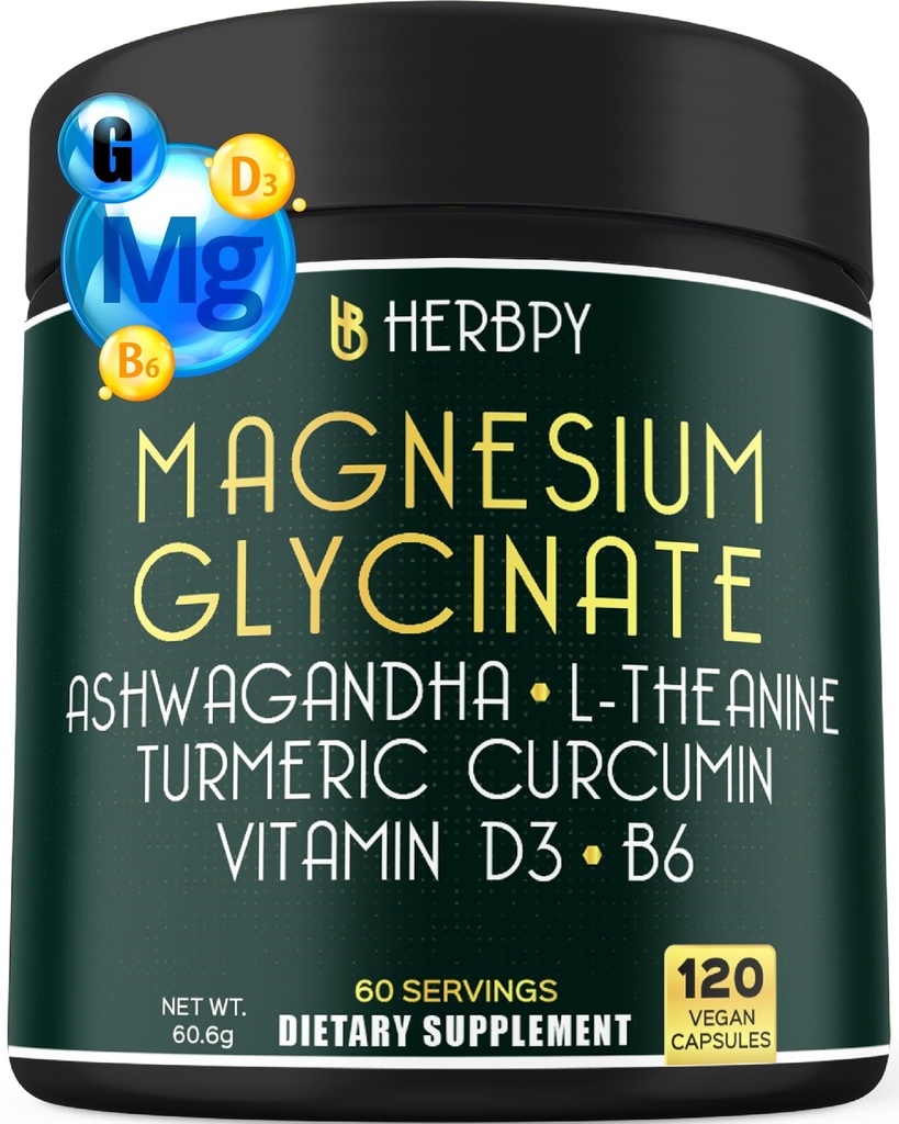 6in1 Restful Day and Night Supplement mit Magnesium Glycinat, Vitamin D3, B6, L-Theanin, Ashwagandha und Turmeric Root - Gehirn, Herz und Verdauungshilfe - 120 Vegan Kapseln