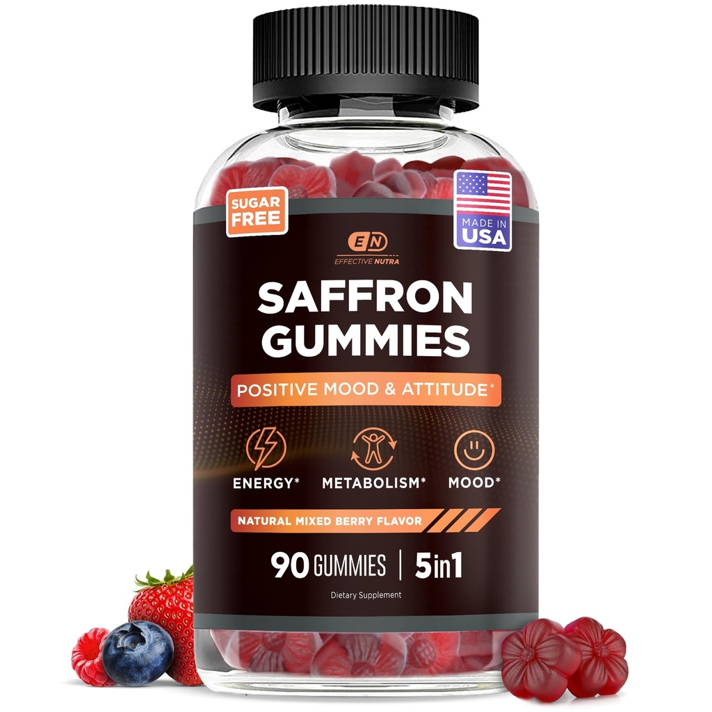 EFFECTIVE NUTRA Saffron Gummies | Zuckerfreie Ergänzung mit Vitamin D2, Leidenschaft Blume, St. John’s Wort & GABA | Positive Stimmung, Verdauung, Energie | Natürliche Berry Flavor, Made in USA (90 Count)