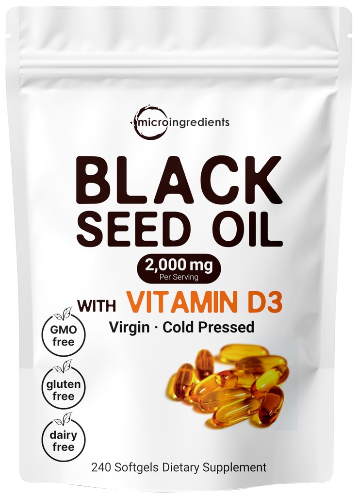 Micro Ingredients Black Seed Oil 2000 mg mit Vitamin D3 1000 IU, 240 Softgels | Cold Pressed - Nigella Sativa Pillen aus Ägypten, Virgin Oil, Odorless, Non-GMO & No Gluten