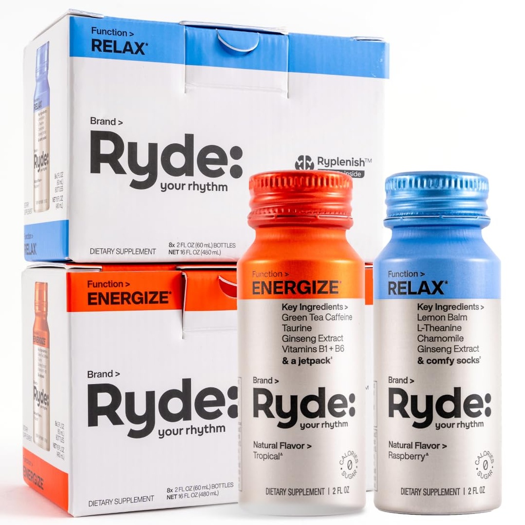 RYDE Shots | Energize + Relax | Essential B Vitamine, Ginseng, Kamille und Koffein| Zero Calories, Zero Sugar | Pack von 16