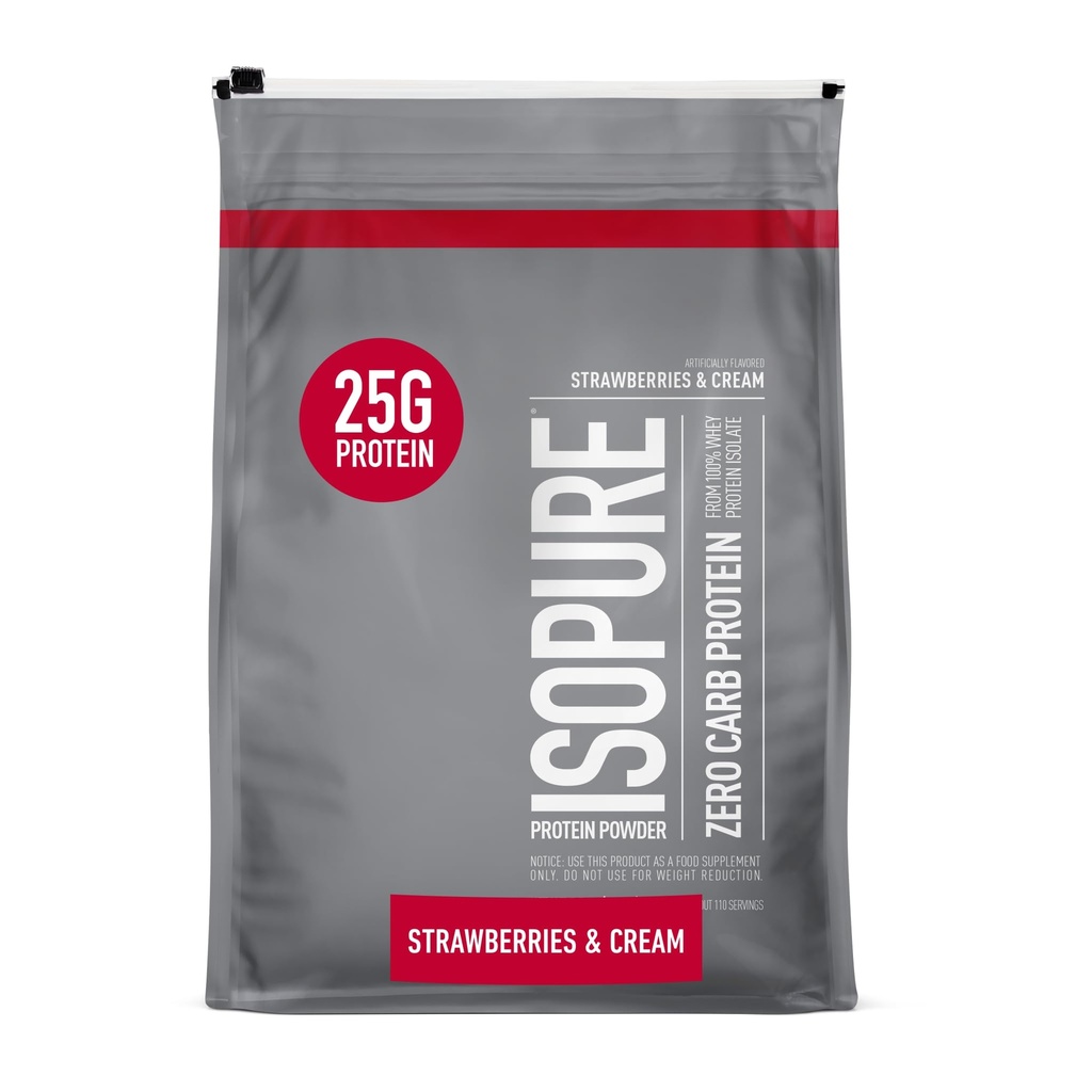 Isopure Zero Carb 100% reine Whey Isolate Protein Pulver, Lactosefrei, Glutenfrei, Mit Vitaminen, Erdbeeren & Cream, 25g Protein Per Serving, 7,5 Lbs, 110 Servierungen (Packaging May Vary)