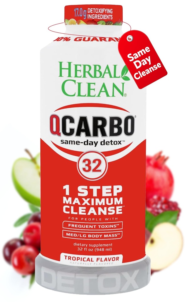 Herbal Clean Qcarbo32 Same-Day Detox Cleanse Drink (32 fl oz) - Tropical Flavor Full Body Cleanse* Detox Drink für Moderate Toxin Level*, Vitamin B2 und Vitamin B12 für Männer & Frauen