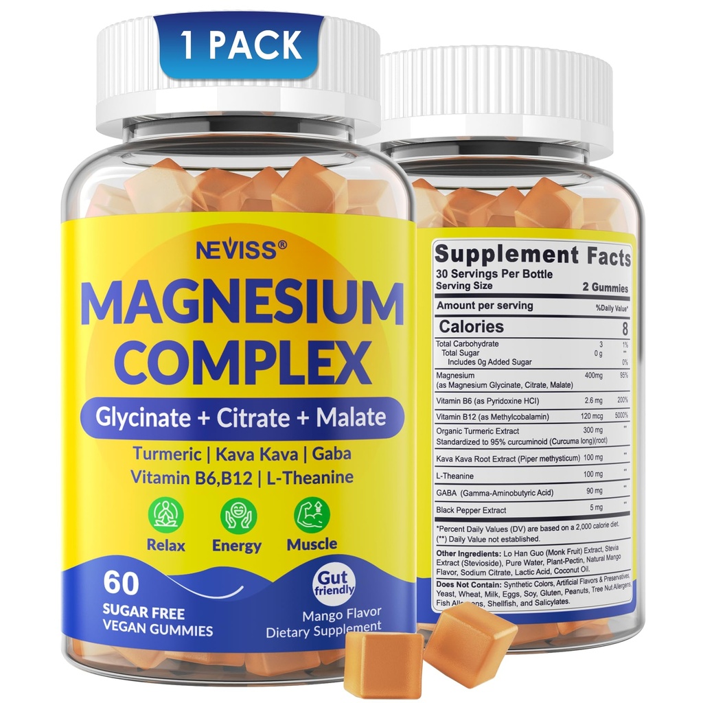 Magnésium complexe Gummies 400mg, Magnéisum Glycinat Citrate Malate + Turmeric, GABA, B6 B12, Kava Kava, L-Theanine pour le sommeil, Calme, Relaxation, Énergie, Magnésium Gummies pour les femmes hommes, Vegan, 60 Cts