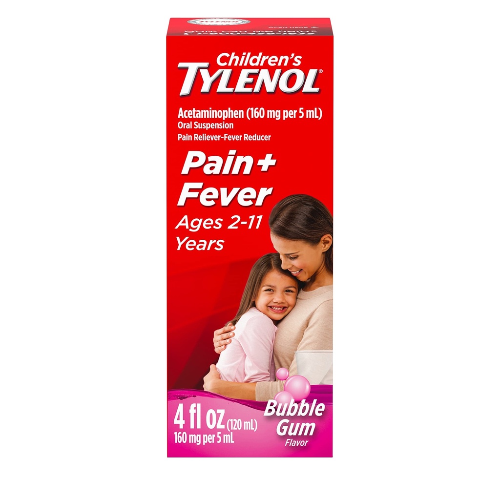 Medicina della sospensione orale del tilenolo per bambini, Riduttore di dolore e di febbre del liquido per bambini per sintomi di freddo + fluido, Aspirina-, Ibuprofene- & Alcohol- Free, Bubble Gum, 4 fl. oz