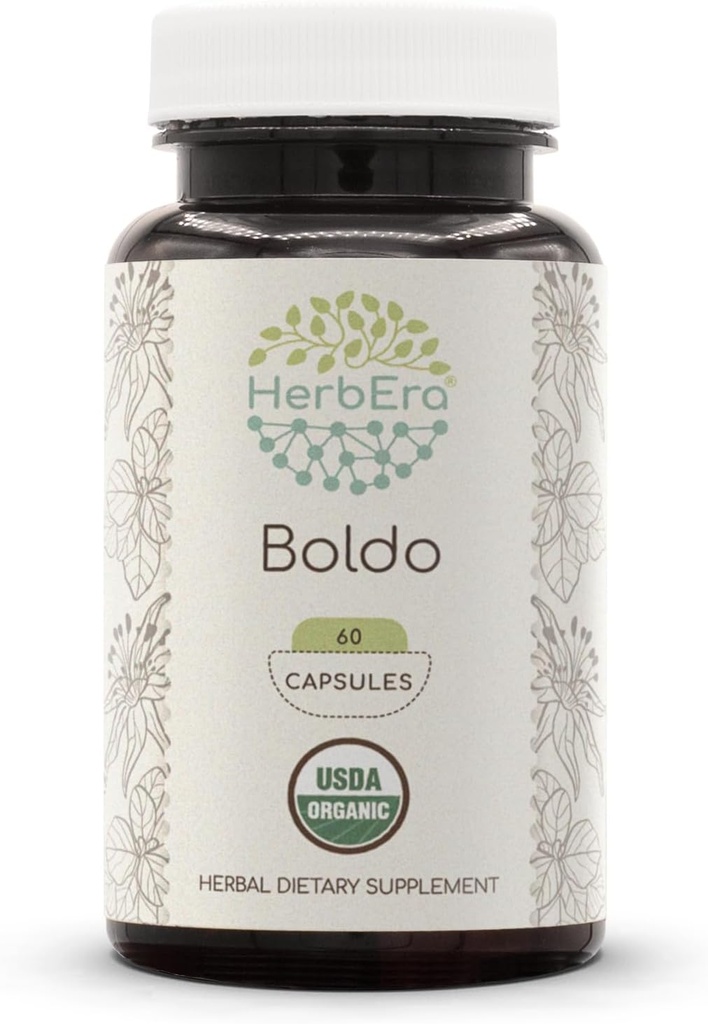 HerbEra Boldo USDA Organic 60 capsule | Integratore naturale di erbe | Capsule vegetariani biologici certificati e Boldo organico (Peumus boldus) Foglia secca (60 capsule)