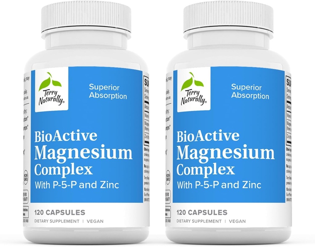 Terry Naturally BioActive Magnesium Complex - Knochen & Herz-Gesundheit Unterstützung - Ergänzung mit Vitamin B6, Zink & Magnesium - Pyridoxal-5-Phosphate Vegan Kapsel Supplement - 120 Kapseln (Pack von 2)