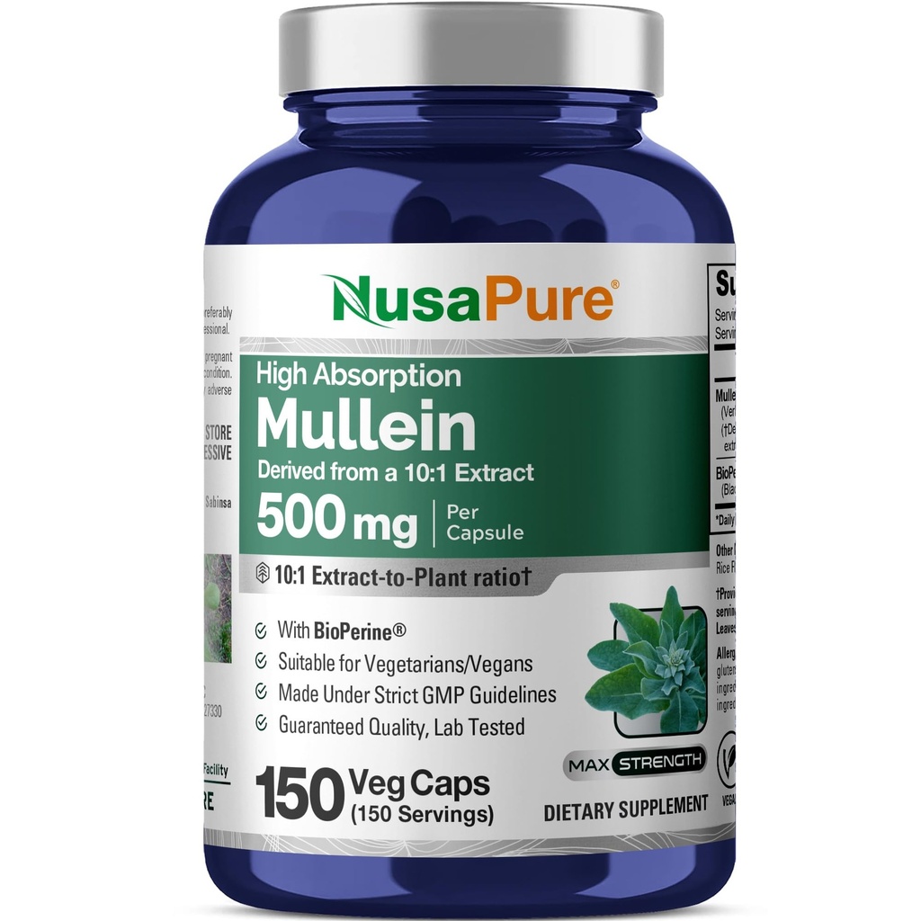 NusaPure Mullein Leaf Kapseln 10:1 Extrakt, 500 mg Äquivalent zu 5.000 mg pro Veggie Caps - 150 Count - Verbascum Thapsus (Non-GMO, Vegan) Nahrungsergänzung
