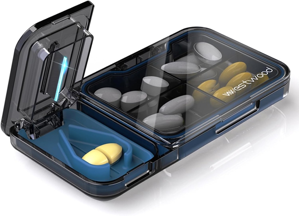 Travel Pill Organizer mit Pille Cutter Splitter, 4 Komponenten Pille Case, kleine Pille Box für Taschengeld, Tägliche Pille Behälter, um Vitamine Cod Liver Öl Ergänzungen, Medizin Planner (Schwarz)