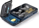Travel Pill Organizer mit Pille Cutter Splitter, 4 Komponenten Pille Case, kleine Pille Box für Taschengeld, Tägliche Pille Behälter, um Vitamine Cod Liver Öl Ergänzungen, Medizin Planner (Schwarz)