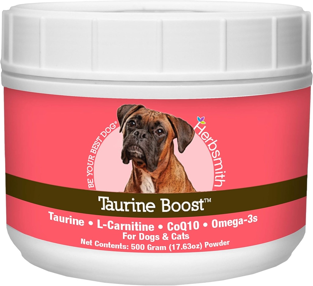 Herbsmith Taurine Boost - Herz- und Herzunterstützung für Hunde und Katzen - Taurine Ergänzung für Hunde- und Katzenherzgesundheit – mit CoQ10, Taurine und L-Carnitin für Hunde - 500g