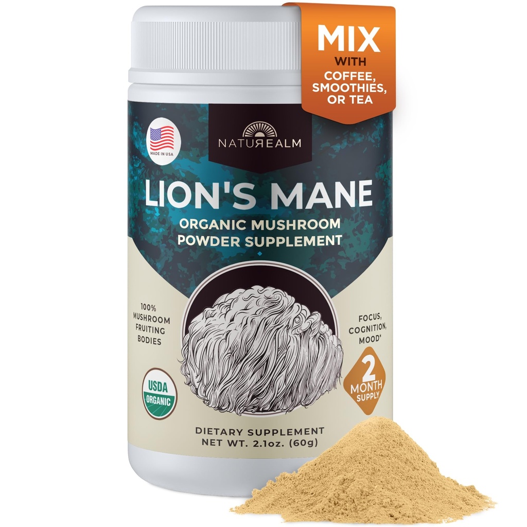 Naturealm Lion's Mane Mushroom Powder - Organic Brain Unterstützung für Fokus Memory Mental Clarity - Non GMO Kognitive Funktion - 60 Servietten