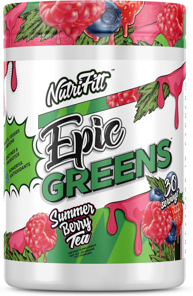 NutriFitt Epic Greens, verpackt mit Antioxidantien, Obst, Gemüse und Pilze, Boost Performance, Speed Up Erholung (30 Servierungen, Sommer Berry Tea)