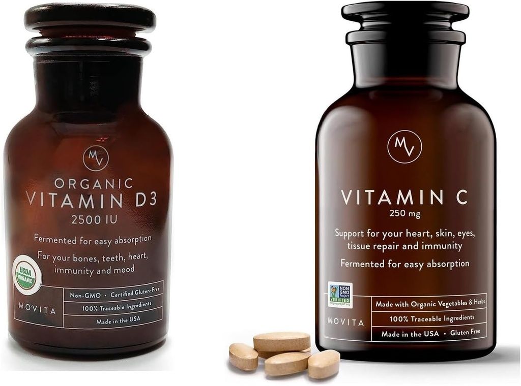 Movita Bio Vitamin D3 2500IU, Bottle Fermented Vitamin C 250mg Flasche