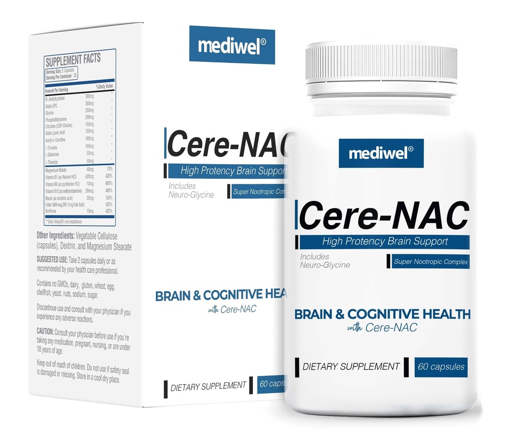 Cere-NAC Advanced Brain Supplement - Cognitive & Mental Clarity Support - NAC, Glycine, Alpha GPC, Citicoline, L-Theanin, Phosphatidylserine, B Vitamine, Alpha Lipoic Acid - Made in USA
