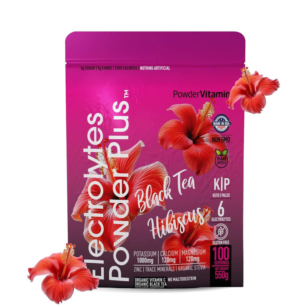 PolvereVitamin Electrolytes Powder Plus (100 Servings) Black Tea Hibiscus Electrolyte Powder Keto, Sugar Free, Pink Himalayan Salt, 1000mg Potassium, 120mg Calcium, 120mg Magnesium, Polvere di idratazione