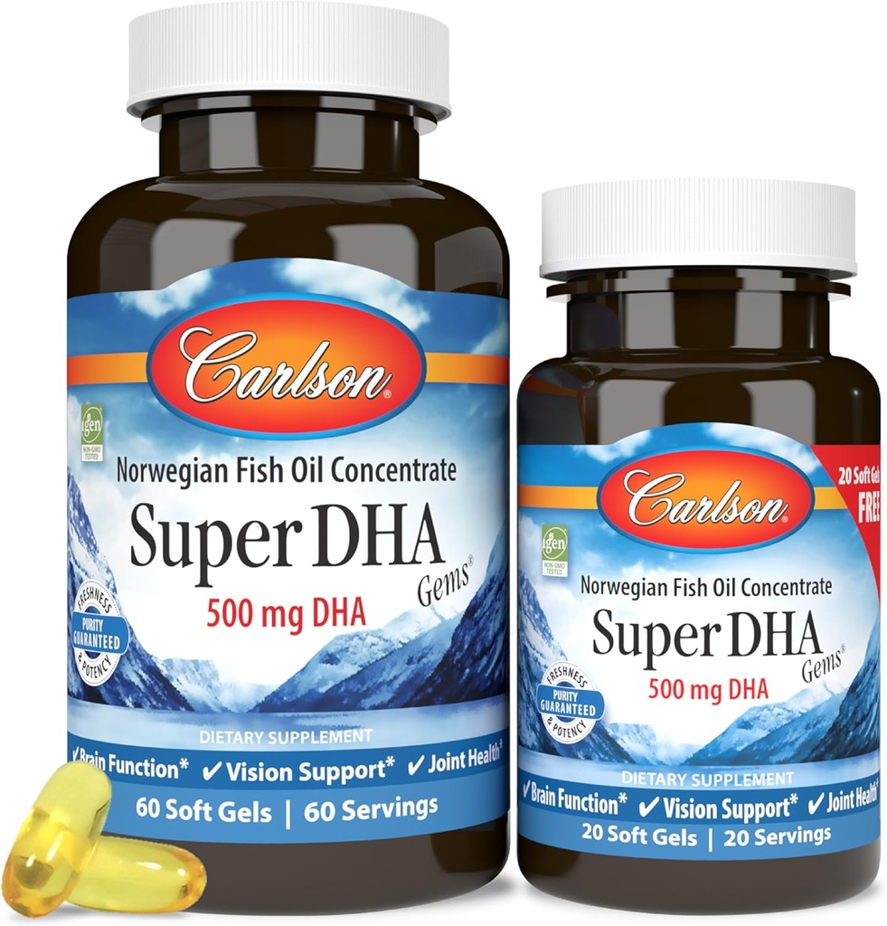 Carlson - Super DHA Gems, 500 mg DHA-Ergänzungen, 640 mg Fatty Acids, Wild-Caught Norwegian Arctic Fish Oil Concentrate, Sustainable Sourced Nordic Fish Oil Capsules, 60+20 Softgels