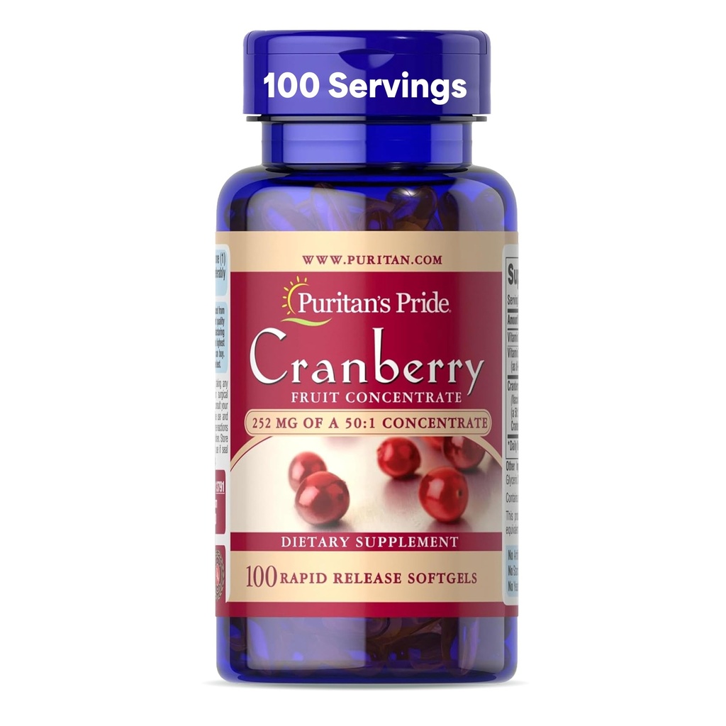 Puritan's Pride Premium Cranberry Fruit Concentrate 252mg (12600mg équivalent) avec les vitamines C et E, supplément alimentaire pour le système immunitaire support, 100 softgels à libération rapide
