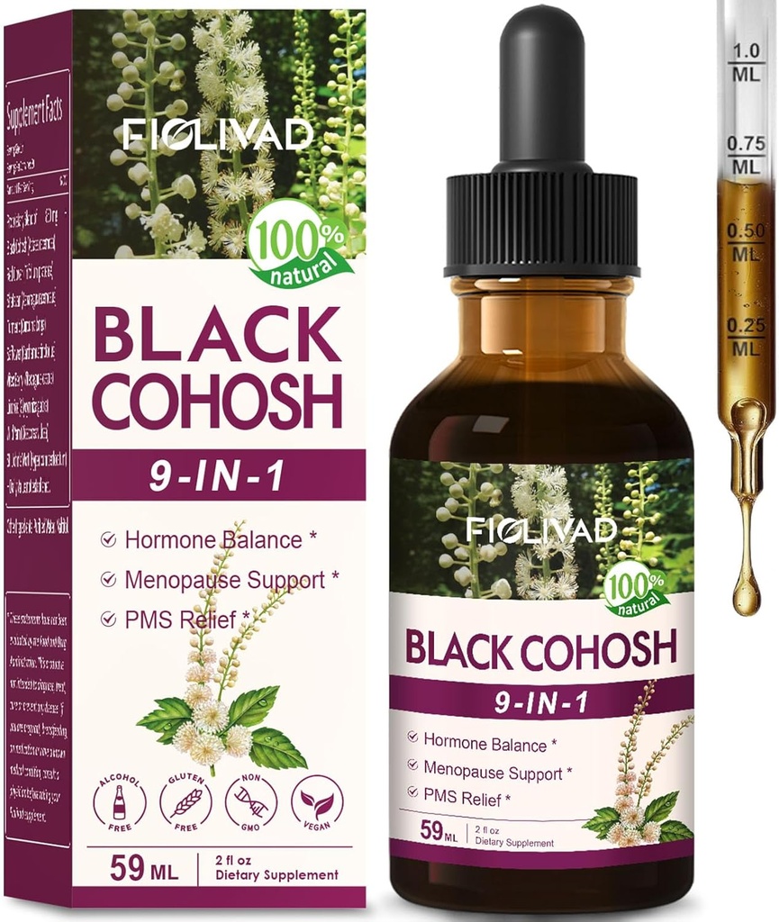 Gocce di erbe naturali al 100%, estratto di cohosh nero per l'equilibrio dell'ormone, supporto di menopausa e sollievo del PMS. 2oz