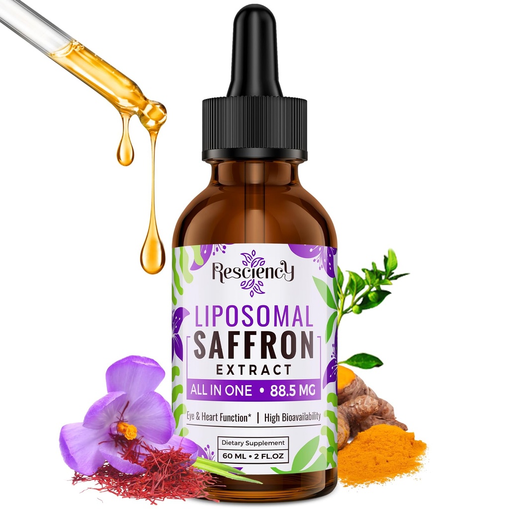 Integratori di zafferano - 88.5 mg Estratto di zafferano Migliore biodisponibilità Gocce liposomali per l'umore, l'energia, la visione e la messa a fuoco con Ashwagandha, Turmerico, Magnesio, Zinco, Vitamina B12 & D3, 60 ml, 30 Serve