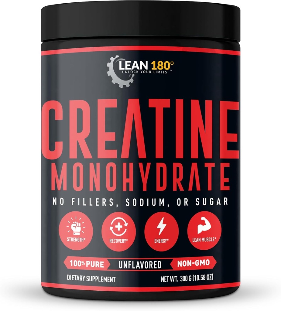 Lean 180 | Beste Kreatin-Monohydrat-Ergänzung | 100% reines Pulver | Verbesserte sportliche Leistung, Muskel, Erholung, Gehirn-Funktion | Glutenfrei, Lab getestet, Unflavored - (60 Servierungen)