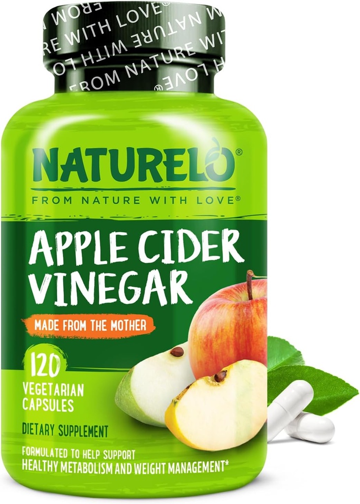NATURELO Apple Cider Essig Kapseln - Natürliche ACV mit Mutter Ergänzung für Männer & Frauen für Detox, Sauberkeit und Gewichtsmanagement - 120 Vegan Kapseln